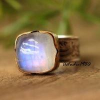 Dual tone 18k Gold Silver ring, Rainbow Moonstone HANDMADE ring