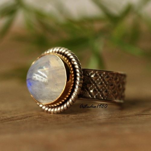 Dual tone 18k Gold Silver ring, Rainbow Moonstone HANDMADE ring