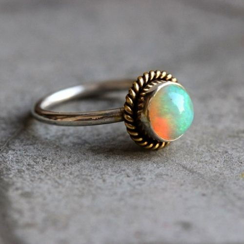 Dual tone 18k gold silver ring, Natural Genuine Opal Ring