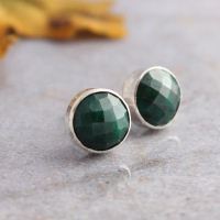 Emerald earrings, Gemstone stud earrings, Genuine emerald silver stud