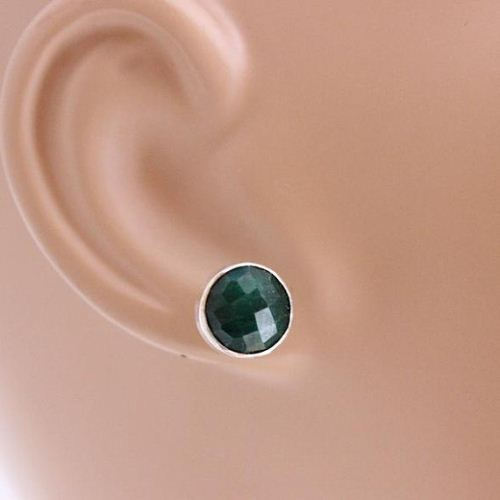 Emerald earrings, Gemstone stud earrings, Genuine emerald silver stud