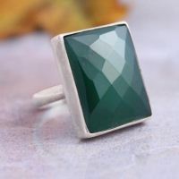 Emerald green ring, Rectangle gemstone green onyx silver ring