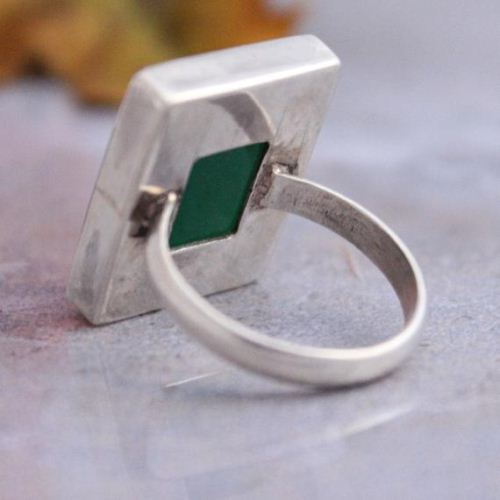 Emerald green ring, Rectangle gemstone green onyx silver ring