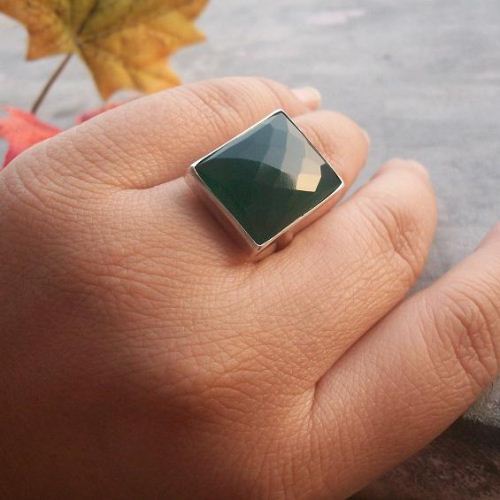 Emerald green ring, Rectangle gemstone green onyx silver ring