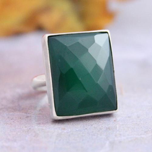 Emerald green ring, Rectangle gemstone green onyx silver ring
