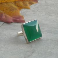 Emerald green ring, Square gemstone green chalcedony silver ring