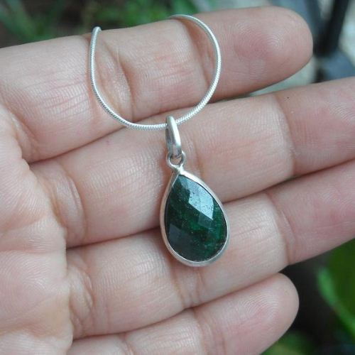 Jewelili Teardrop Necklace Pendant with Created Emerald, Natural Emerald  and White Topaz in Sterling Silver