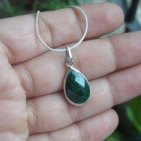 Emerald pendant necklace, Tear drop natural emerald silver pendant