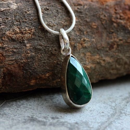 Emerald pendant necklace, Tear drop pendant, Green silver pendant