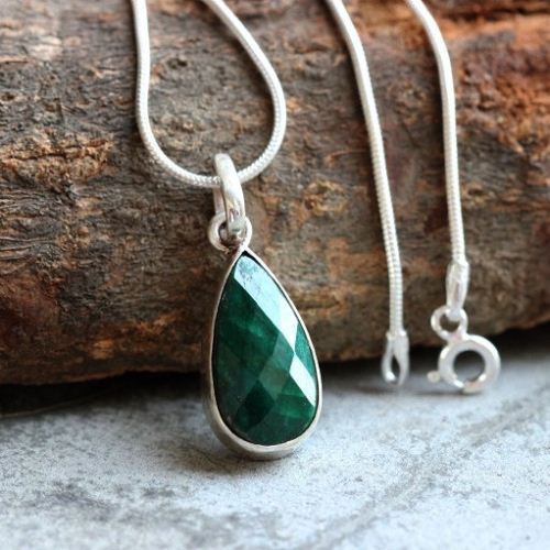Emerald pendant necklace, Tear drop pendant, Green silver pendant