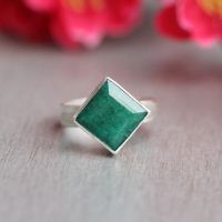 Emerald ring, Precious ring, Green Birthstone square silve ring