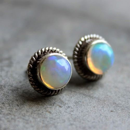 Opal silver Earrings, Opal stud earrings, Genuine opal earrings
