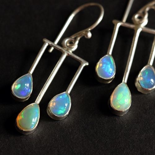 Genuine opal earrings, Artisan opal silver dangler earrings