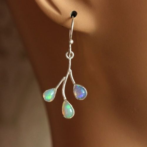Genuine opal earrings, Artisan opal silver dangler earrings