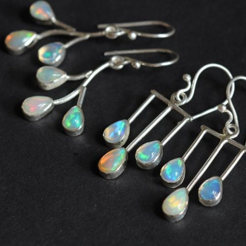 Genuine opal earrings, Artisan opal silver dangler earrings