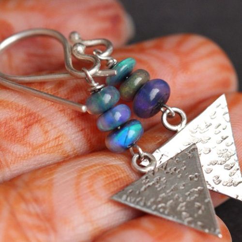 Genuine opal earrings, Artisan earring, Dangler silver earrings