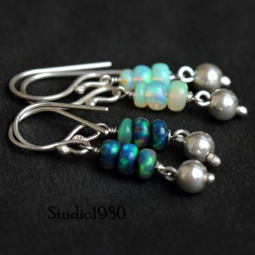 Genuine opal earrings, Handmade opal bead silver dangle earrings
