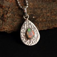 Genuine opal pendant, Hammered natural opal silver pendant