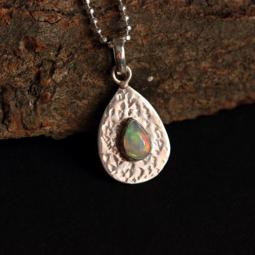 Genuine opal pendant, Hammered natural opal silver pendant