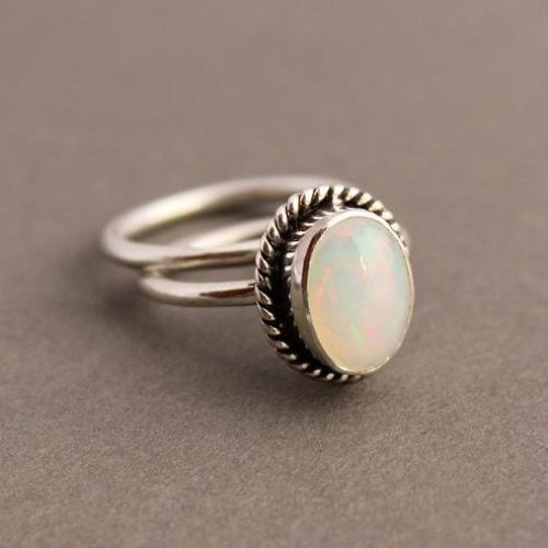 Genuine opal silver ring, Natural opal stack ring, Promise ring