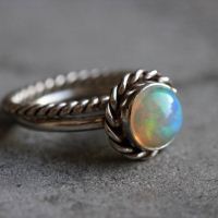Natural opal silver ring, Stackable ring, Round gemstone ring
