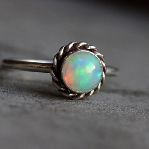 Natural opal silver ring - Stackable ring - Round gemstone ring