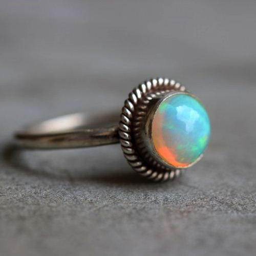 Genuine opal round birthstone silver ring, October birthstone gift