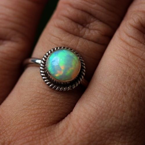 Buy Genuine opal round birthstone silver ring, October birthstone gift ...