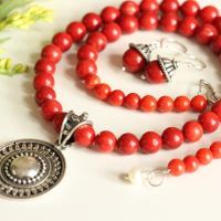 Ethnic red coral gemstone silver beaded necklace earrings set