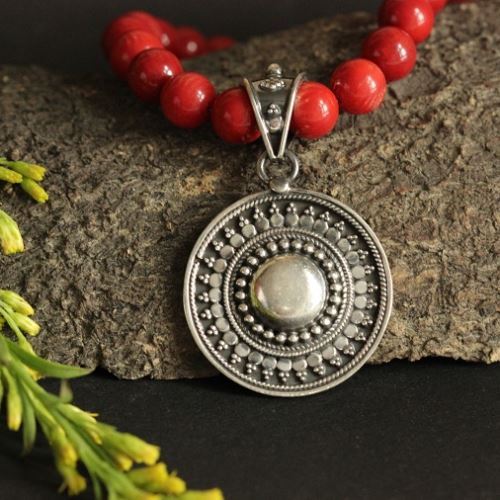 Ethnic red coral gemstone silver beaded necklace earrings set
