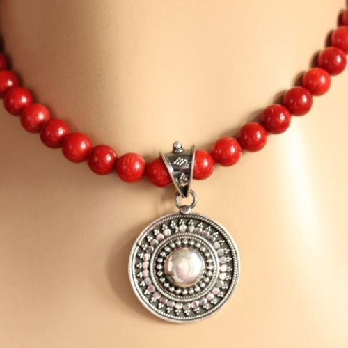 Ethnic red coral gemstone silver beaded necklace earrings set