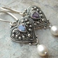 Ethnic artisan earrings, Amethyst pearl silver earrings