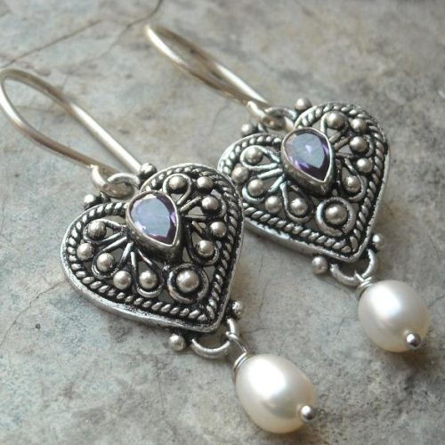 Ethnic artisan earrings, Amethyst pearl silver earrings