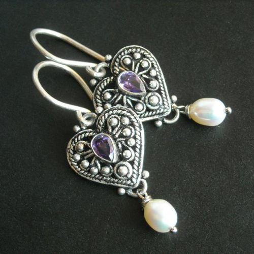 Ethnic artisan earrings, Amethyst pearl silver earrings