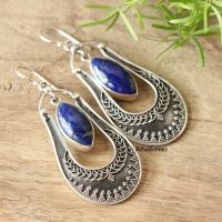Ethnic artisan jewelry earrings, Blue Lapis Lazuli silver earrings