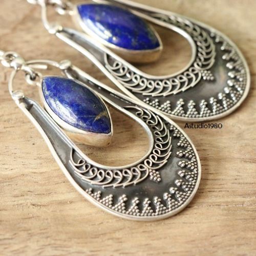 Ethnic artisan jewelry earrings, Blue Lapis Lazuli silver earrings