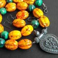 Ethnic fire turquoise Chrysocolla necklace earring set , gemstone set