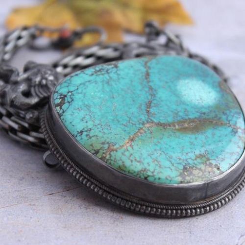 Ethnic pendant necklace - large turquoise pendant - artisan jewelry