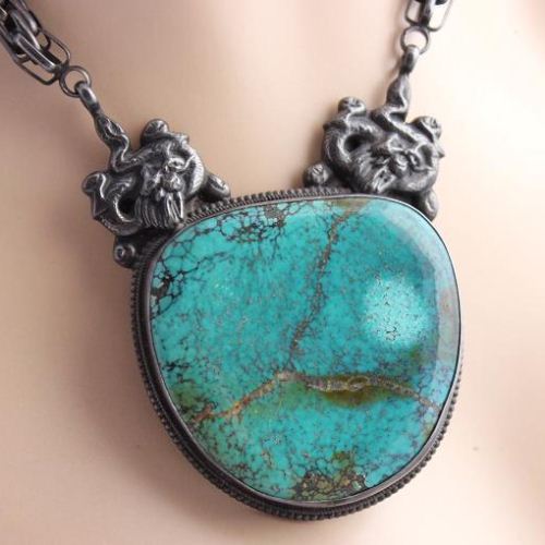 Ethnic pendant necklace - large turquoise pendant - artisan jewelry