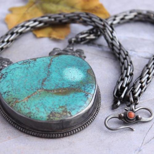 Ethnic pendant necklace - large turquoise pendant - artisan jewelry