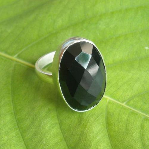 Faceted Black Onyx Ring, Black gemstone unique handmade silver ring