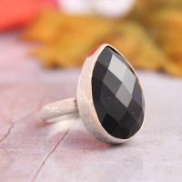 Faceted Black Onyx Ring, Sterling silver artisan black onyx ring