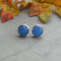 Faceted blue chalcedony earrings, Sterling silver 8mm stud earrings