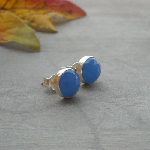 Faceted blue chalcedony earrings, Sterling silver 8mm stud earrings