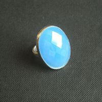 Faceted blue chalcedony ring, Oval blue silver ring