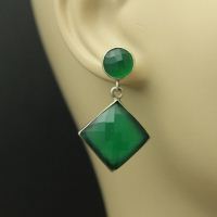 Faceted earrings, Square earrings, Green chalcedony silver earrings