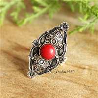 Filigree red coral ring Adjustable sterling silver oxidized ring