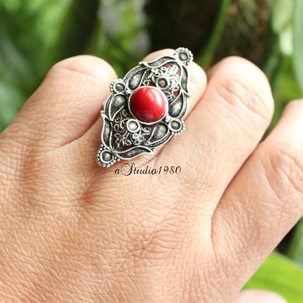 Filigree red coral ring Adjustable sterling silver oxidized ring