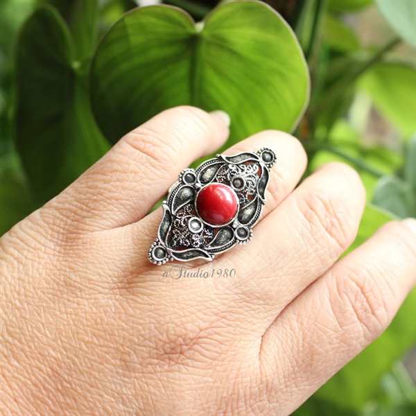 Filigree red coral ring Adjustable sterling silver oxidized ring