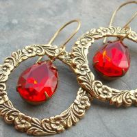 Fire red Love circle gold filled handmade earrings